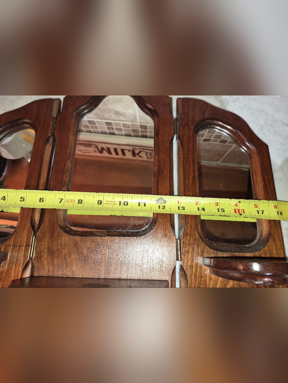 Vintage MCM Tri-fold Wooden Wall Sconce: Mirror & Mini Shelves - Picture 6 of 6